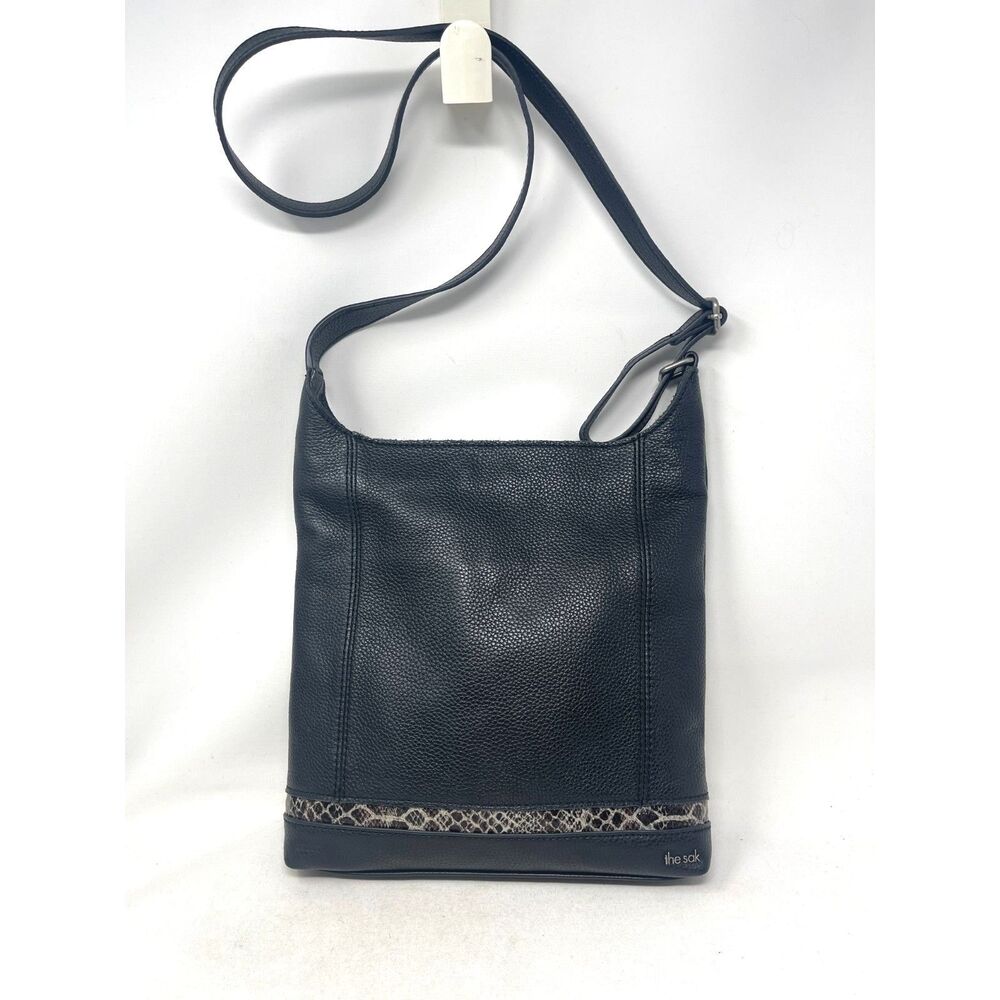 Vintage The Sak Deven Black Leather Snakeskin Trim Crossbody Bag Medium Women's